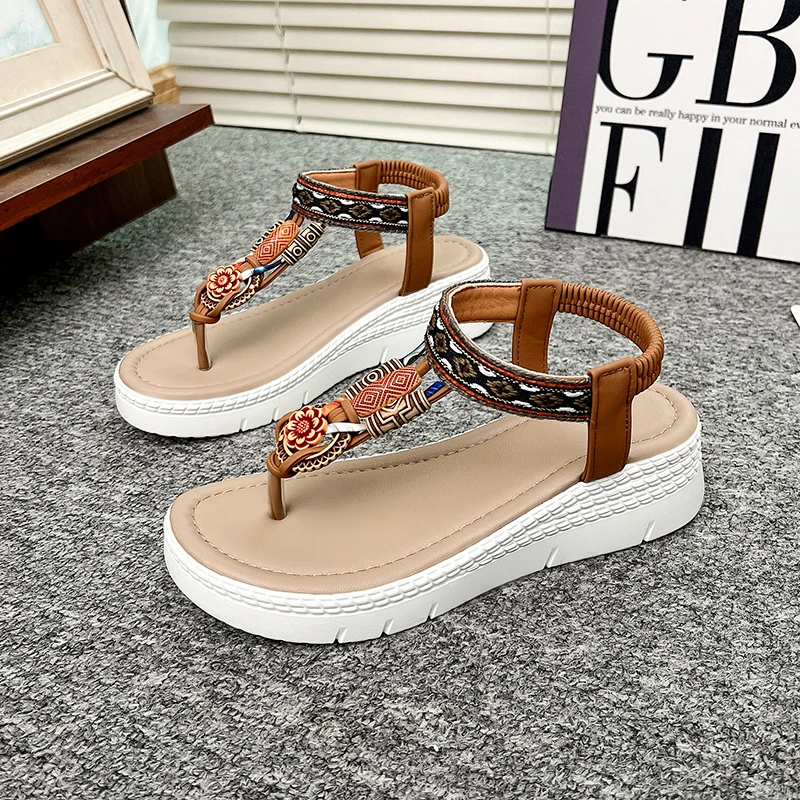 2026 Fashion String Roman  for  Summer New T-Strap Flat Sandles Woman Plus Size Comfort Non Slip Beach Shoes