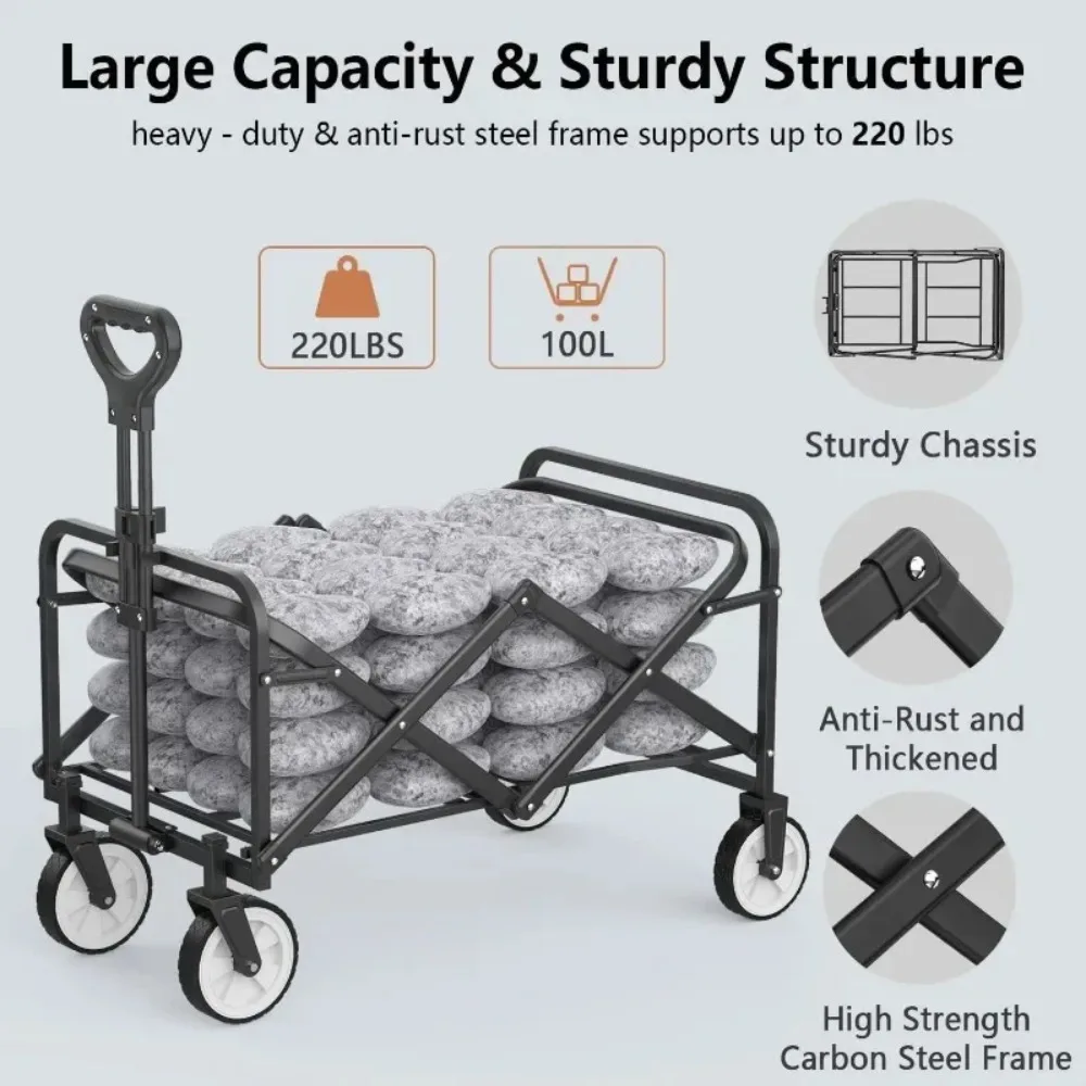 Collapsible Folding Wagon Cart, Heavy Duty Utility Beach Wagon Cart with Wheels Foldable, Large Capacity Foldable Grocery Wagon