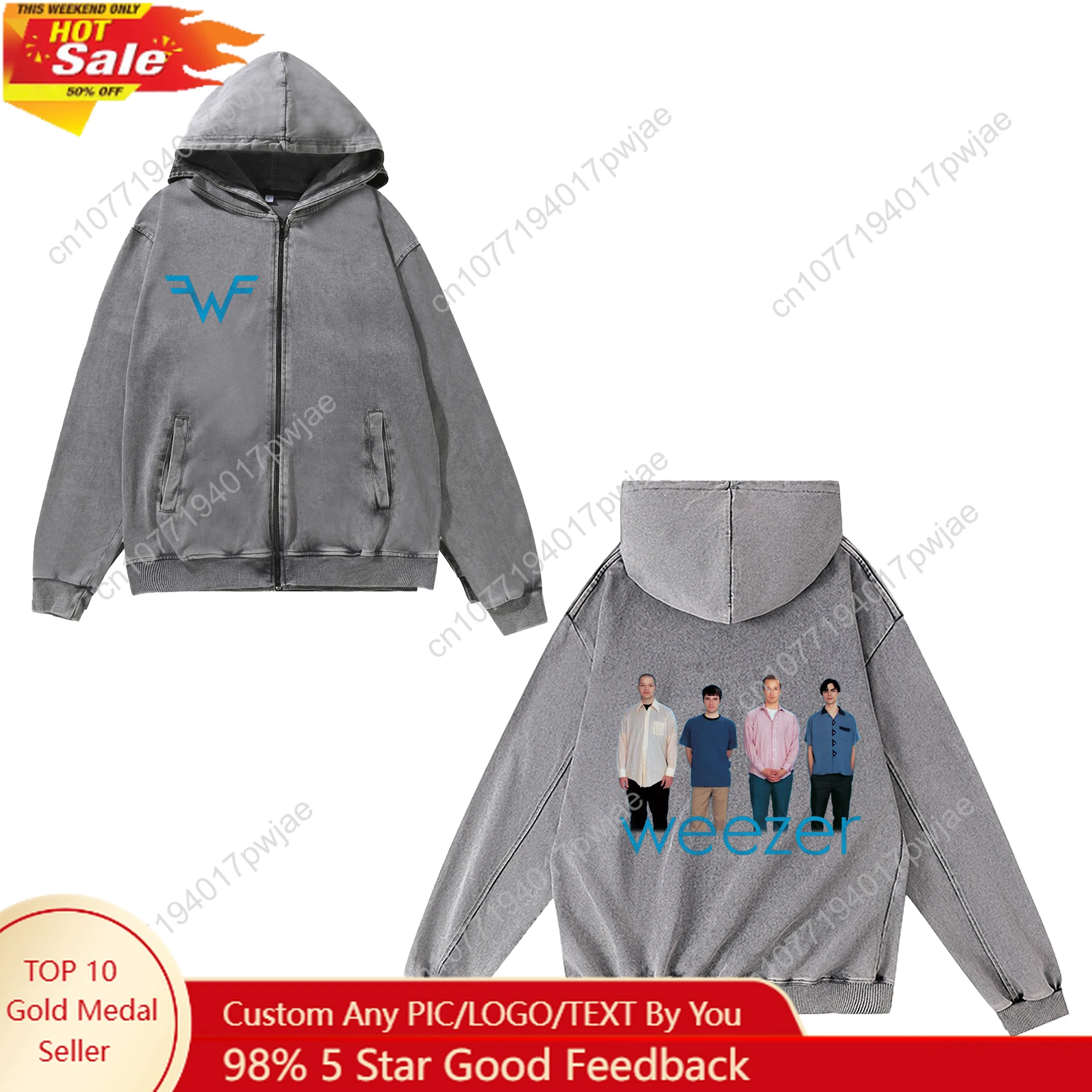

Weezer Rock Band Zipper Sweatshirt Man Woman Vintage Hoodies Sweat Shirt With Pocket Full Zip Customized Jacket Tops