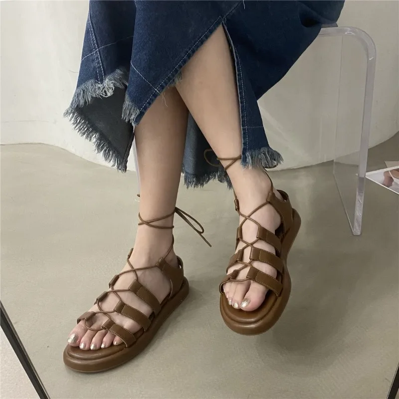 

Women's Flat Sandals -band Straps Solid Ankle Lace Shoes Women Dress Leisure Summer Retro Rome Classic Sandalias De Mujer