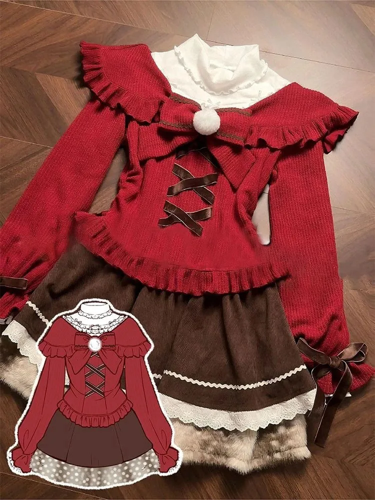 

Japanese 3 Piece Sets Y2k Aesthetic Doll Collar Sweet Bow Tops + Lolita Turtleneck T-shirt + Lace Patchwork Mini Skirts ​outfits