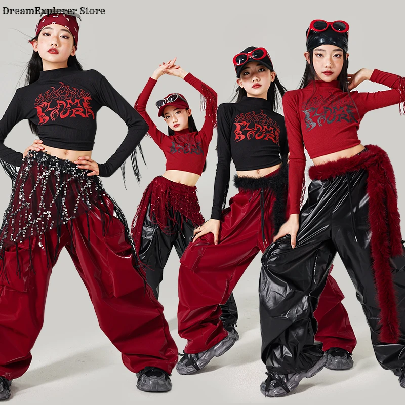

Girls K-pop Fashion Crop Top Dance Leather Cargo Pants Child Hip Hop Girl Group Clothes Sets Kids Streetwear Jazz Cool Costumes