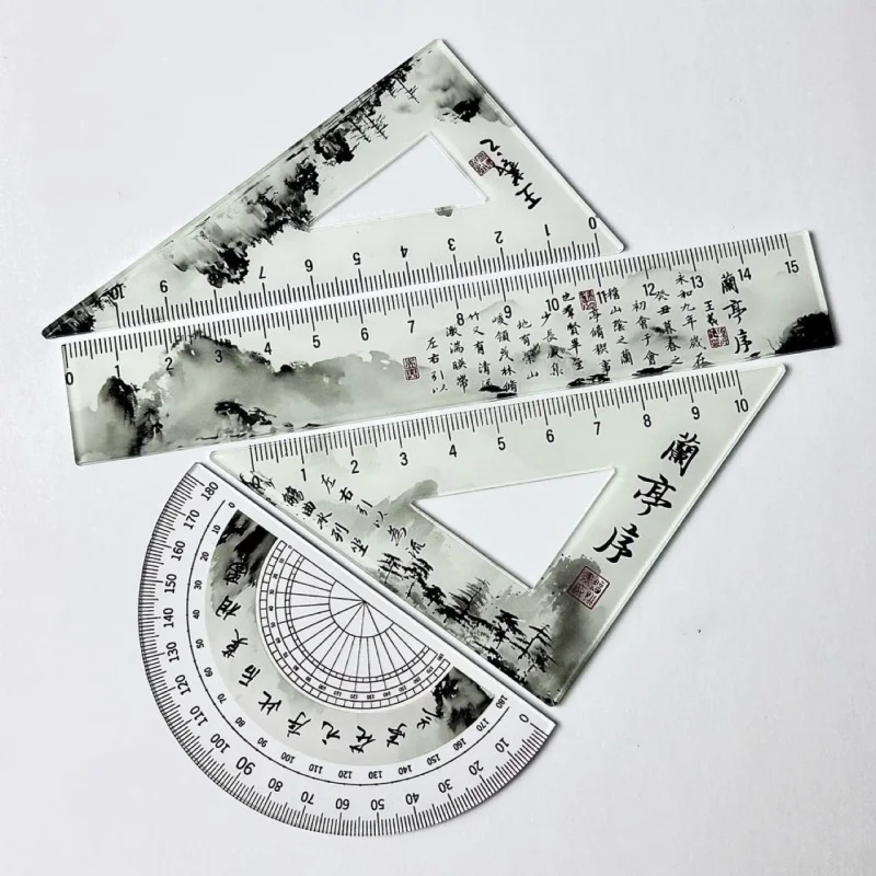 4pcs/set Chinese Retro Ink Painting Style Ruler for Student Stationery Tree Mountains Triangular Round Ruler School Supplies