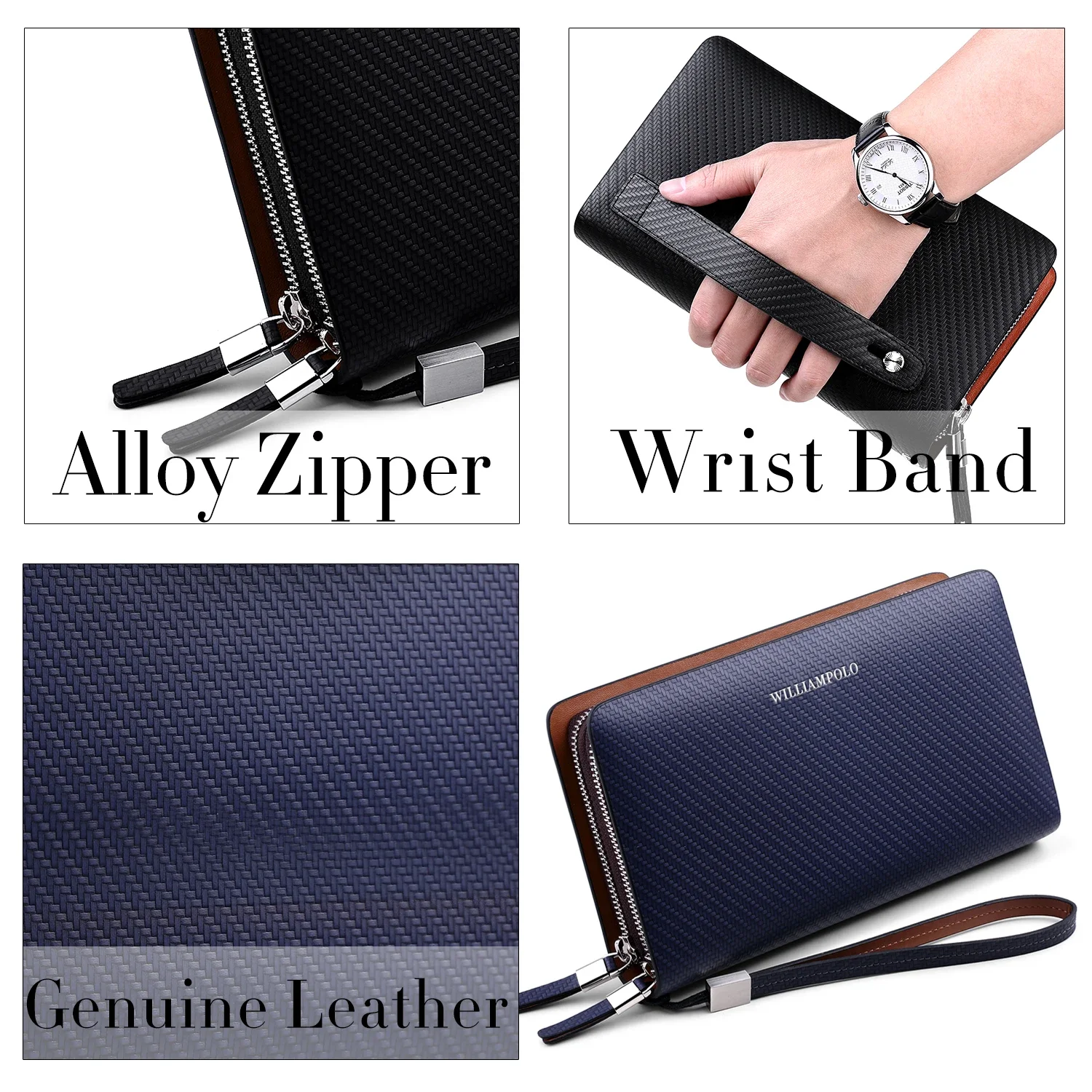 Marke lange Clutch Handtasche Brieftasche Männer Echt leder Kreditkarten halter Veranstalter Telefon Geldbörse Doppel reiß verschluss Business william polo