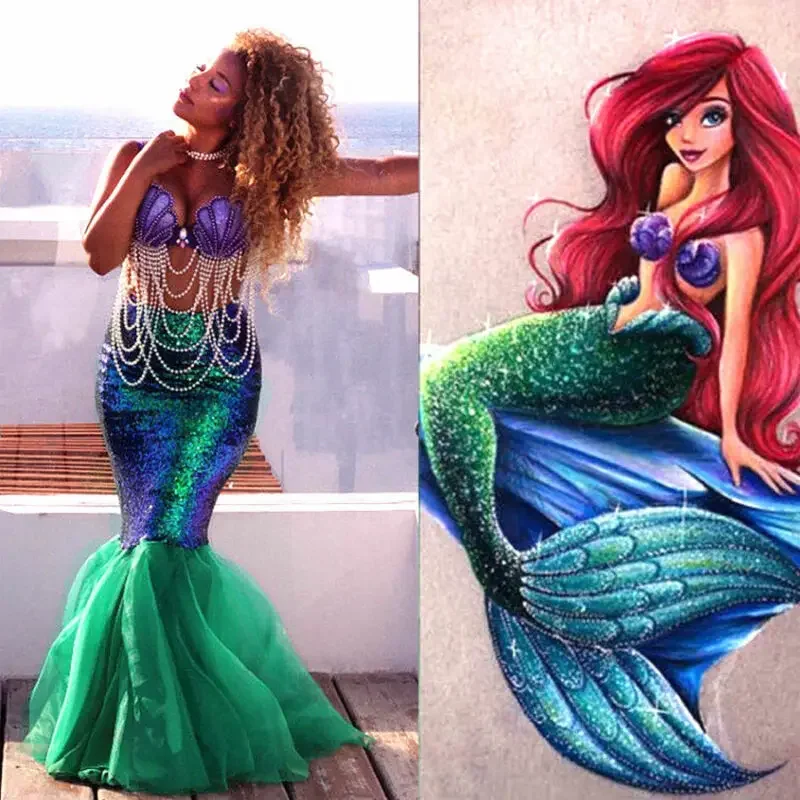 Women Adult Sequins Mermaid Long Tail Skirt Party Maxi Fancy Dress with Asymmetric Mesh Panel Halloween Cosplay Costume