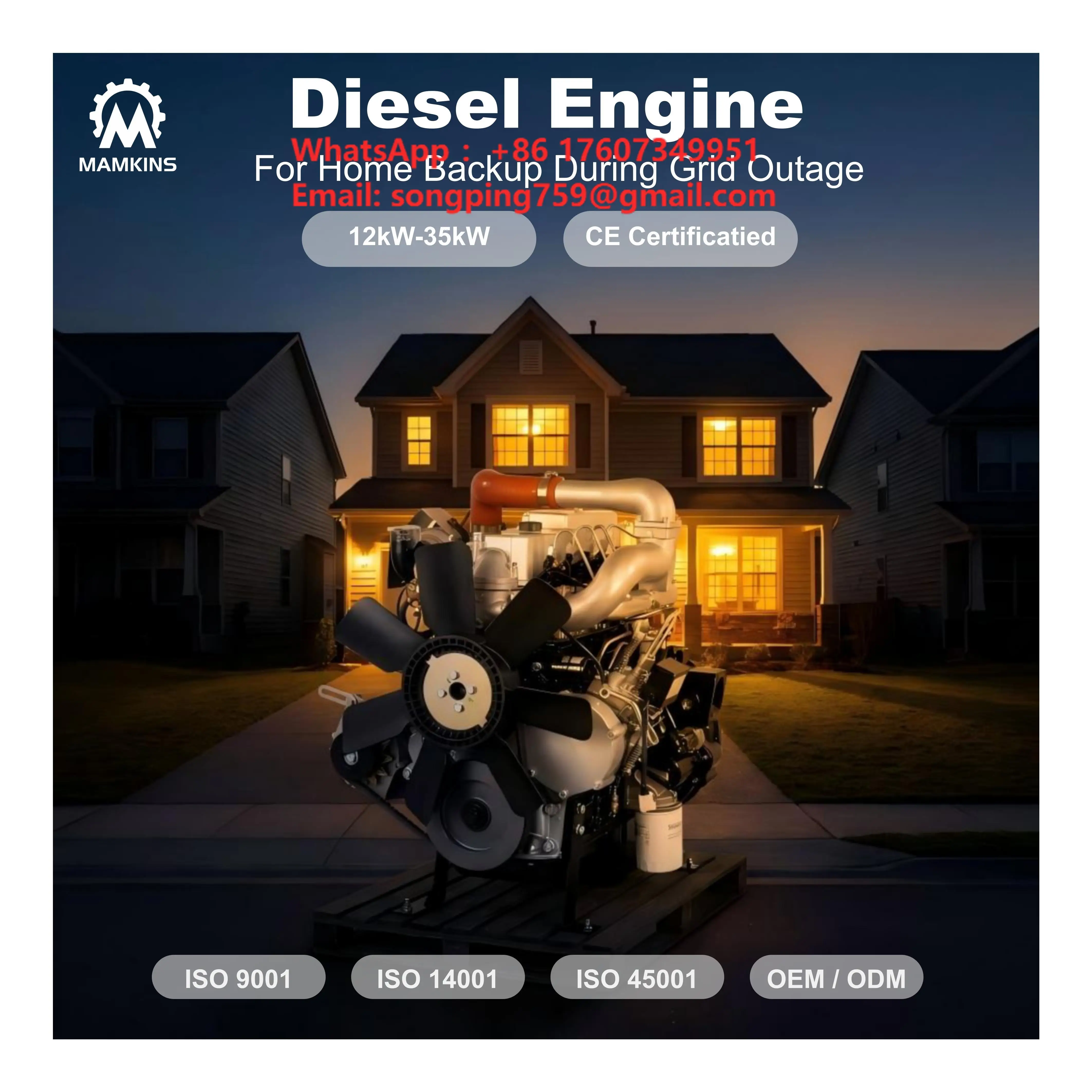 MAMKINS 12KW 15KW 20KW 25KW 30KW 35KW Small Diesel Engine 4-Cylinder Water-Cooled for Generator Set Genset Home Backup Power