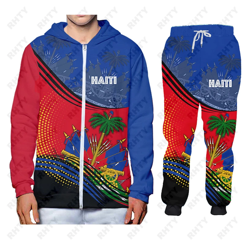 Country Emblem Flag Caribbean Sea Haiti Island Jacket Tracksuit Men 3D Print Pants Oversize Pullover Unisex Clothes Dropship