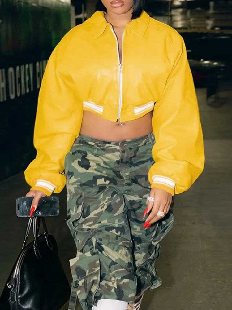 Yellow Letter Embroidery Faux Leather Sexy Cropped Jackets Women 2026 Autumn Fashion Lapel Collar Long Sleeve Bomber Coat Female
