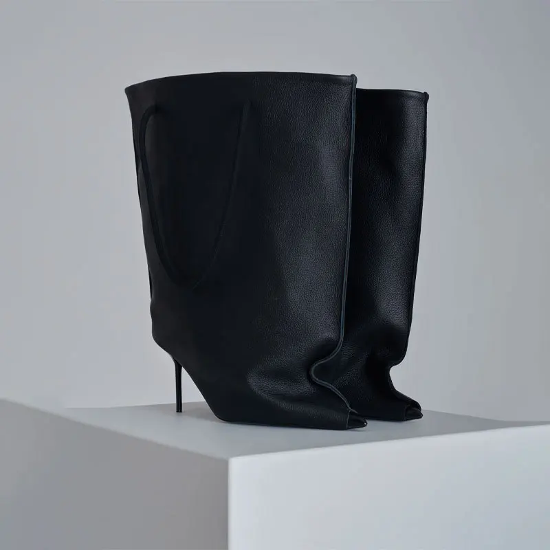 Designer Pump Women Slouch Mid Calf Boots Peep Toe Vibrant Cyan Leather Pull On Design Contrast Toe Cap Slim Stiletto Footwear
