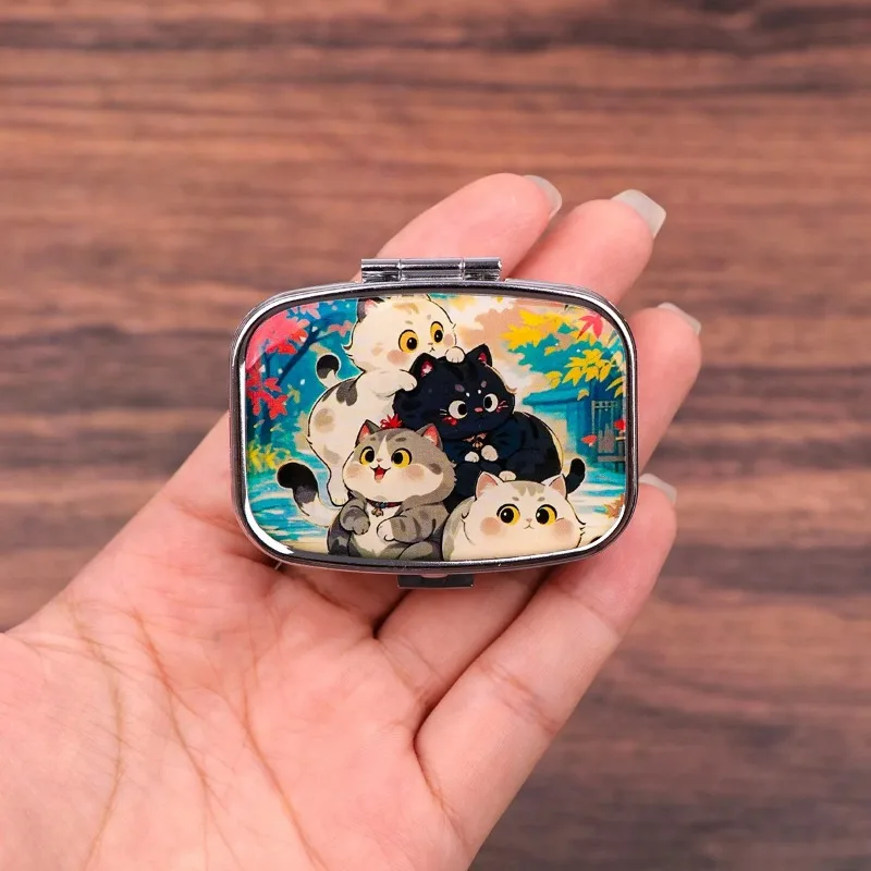 Portable Alloy Two-grid Pill Storage Box Foldable Cosmetic Mirror Lightproof Sealed Container Pet Cat Medicine Divider Mini