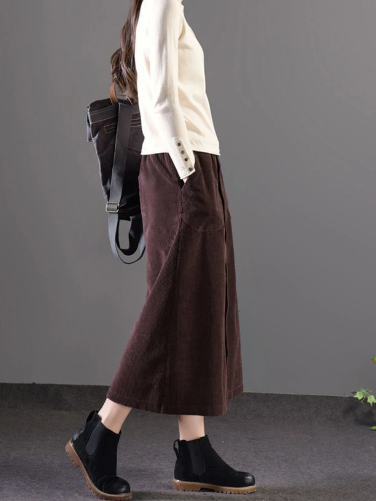 Corduroy Skirts Women S-4XL Retro Simple Casual Basic Pure Ulzzang Trendy Temperament Empire Female All-match Autumn Midi Faldas