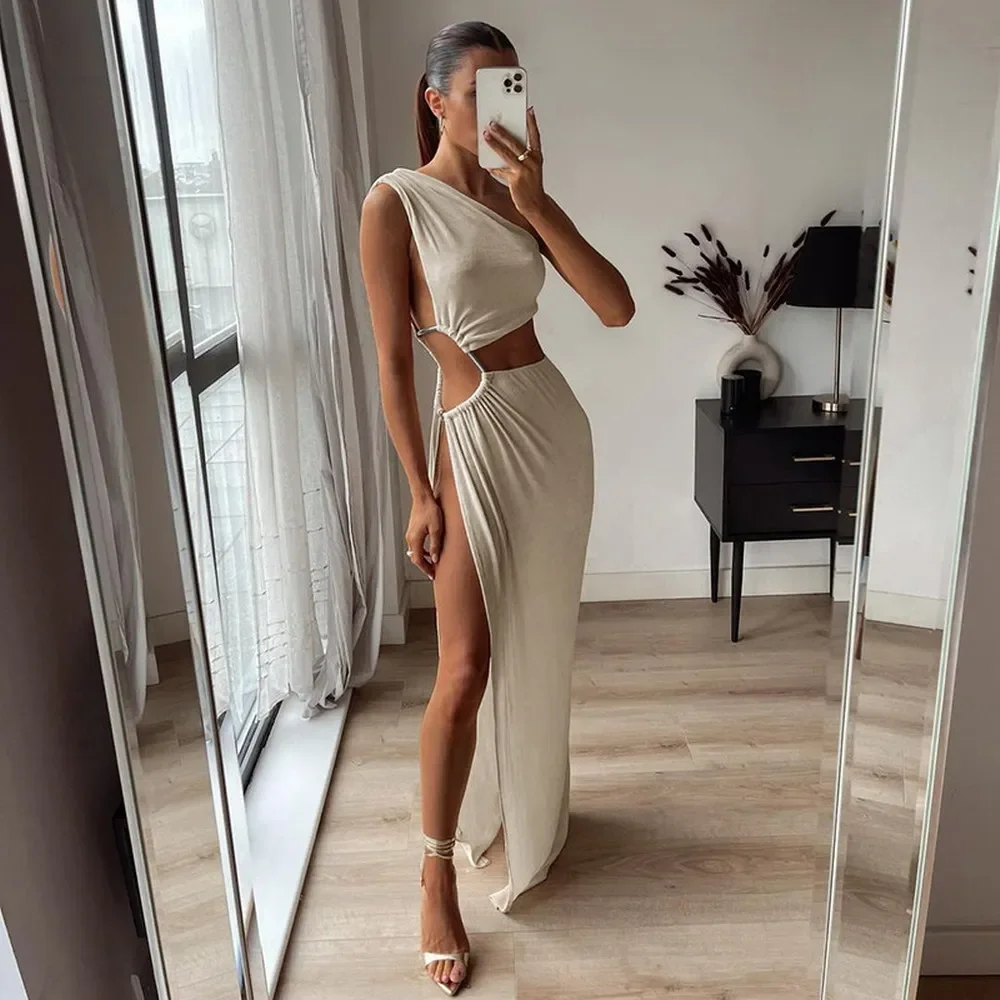 Fashion Summer Sexy Dress Women\'s Ruched Side Cut Out Slit Maxi Dresses for Club Party