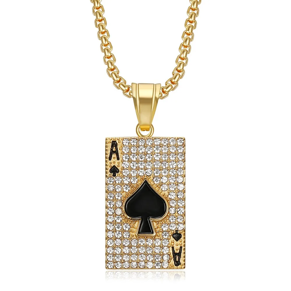 Poker Ace of Spades Shaped Sparkling Trendy Pendant Necklaces for Men Gold Filled Stainless Steel 60cm Chain Hiphop Accessories