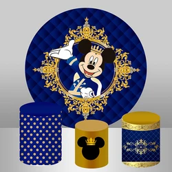 Royal Blue Mickey Round Backdrop for Boys Baby Shower 1st Birthday Party Crown Gold Frame Kids Cartoon Disney Background Custom