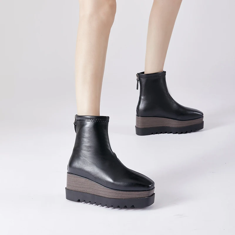 

8cm Chunky Platform Boots Womens High Heels Winter Warm Ankle Boots Casual Back Zipper Wedges Creepers Black Ladies Boots