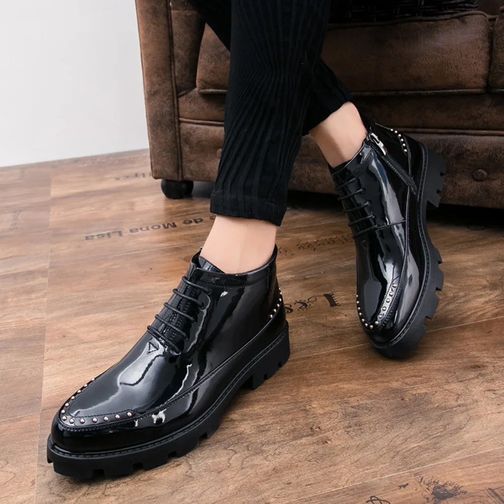 Male Patent Leather Moccasins Shoes High Top Italian Formal Dress Brogue Oxford Wedding Business Shoes Boots 2024 Shoes for Men