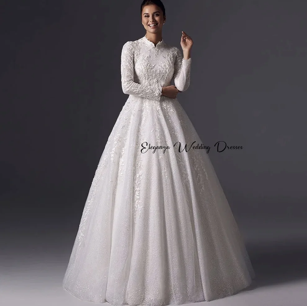 Customized Muslim High Collar A-line Wedding Dress Wrinkle Long Sleeve Lace Applique Bridal Dress Vintage Vestidos De Novia 2025