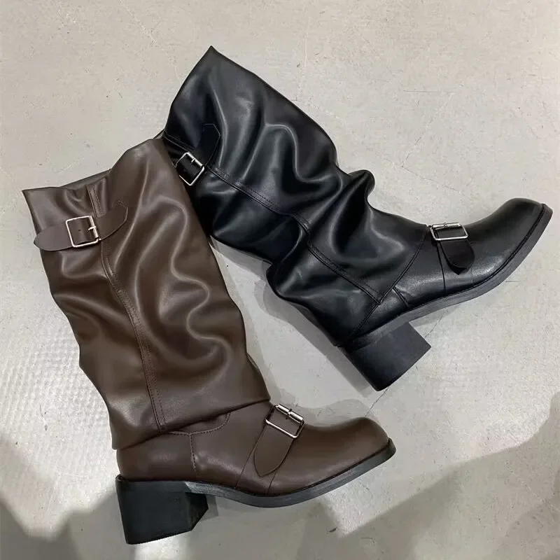 Woman Boots Knee High Platform Chunky Heels Trend Punk Gothic New Rock Leather Fashion Women\'s Shoes Motorcycle Footwear