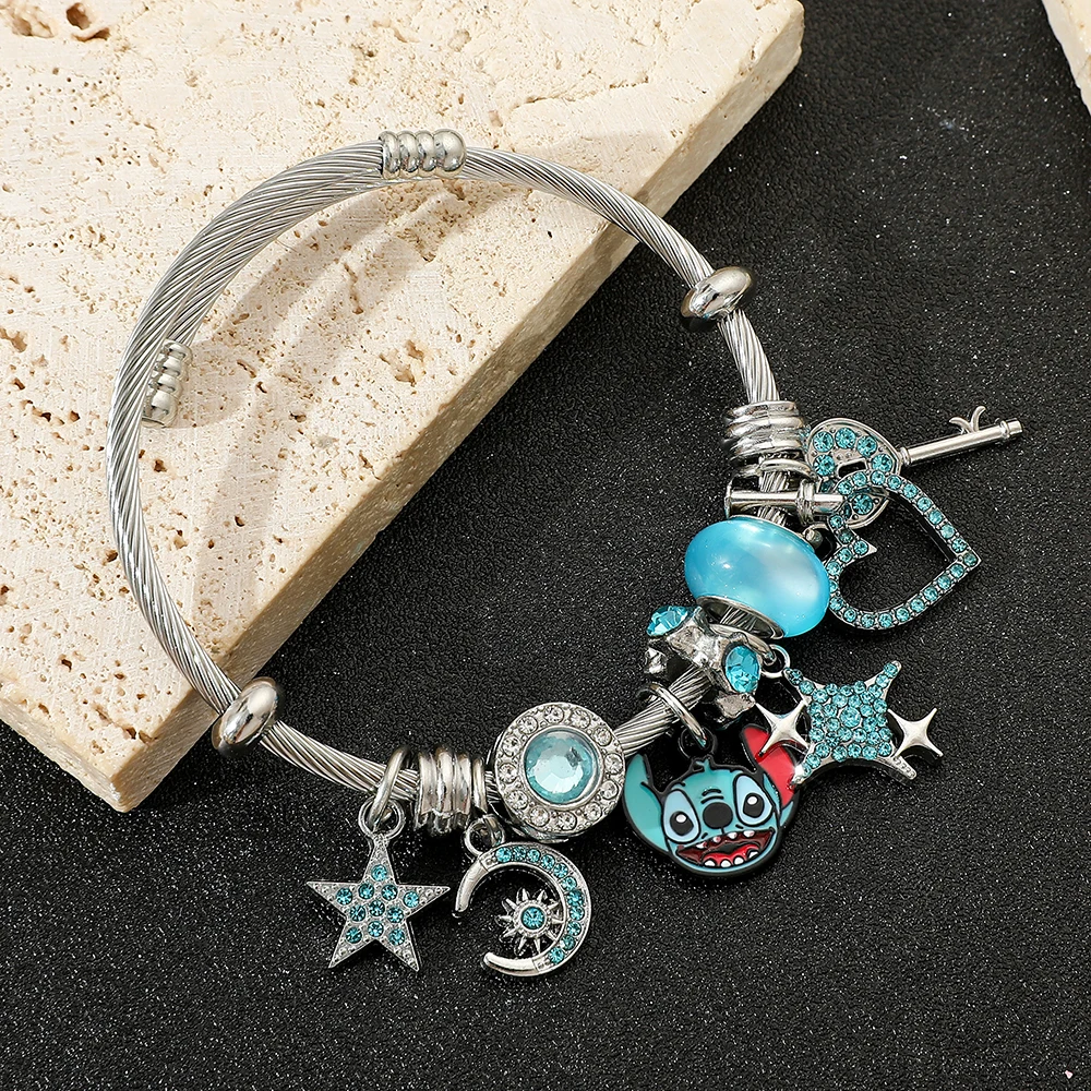 New Product Disney Series Fashion Q Cute Blue Stitch Love Key Star Pendant DIY Beaded Versatile Bracelet Jewelry