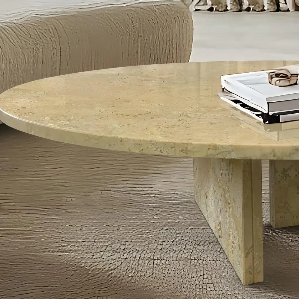 โต๊ะกาแฟหินอ่อนสีทองเหลืองเบจธรรมชาติสำหรับห้องนั่งเล่น หินแท้ ขนาด Ø35.4 x 9.8 นิ้ว เฟอร์นิเจอร์หินแท้สุดหรู