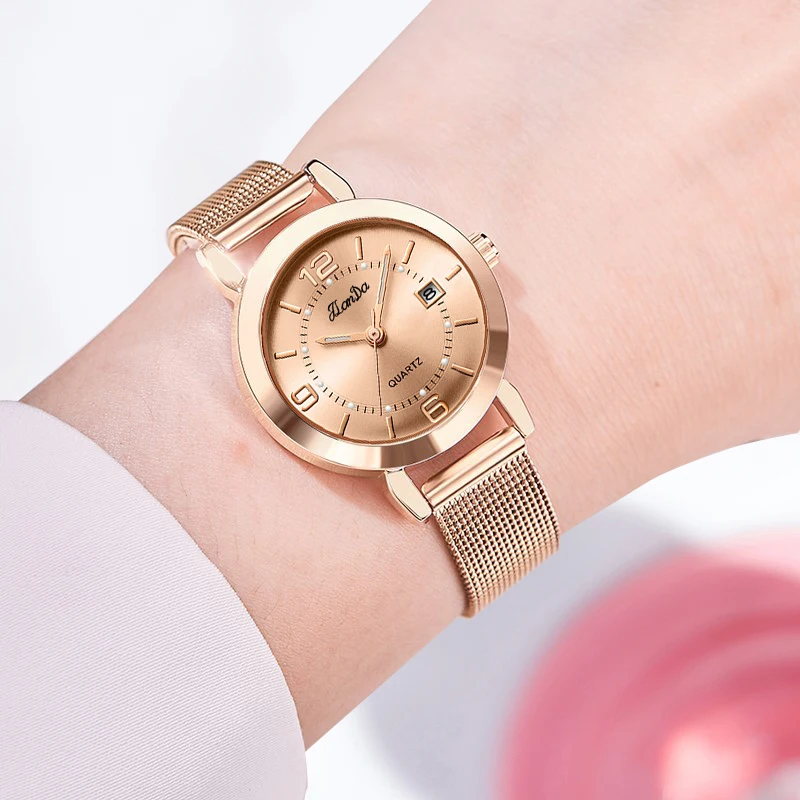 Luxury Brand Women Watch Steel Rose Gold Waterproof Slim Ladies Wristwatch with Date Mesh Band Elegant Female Hand Clock White