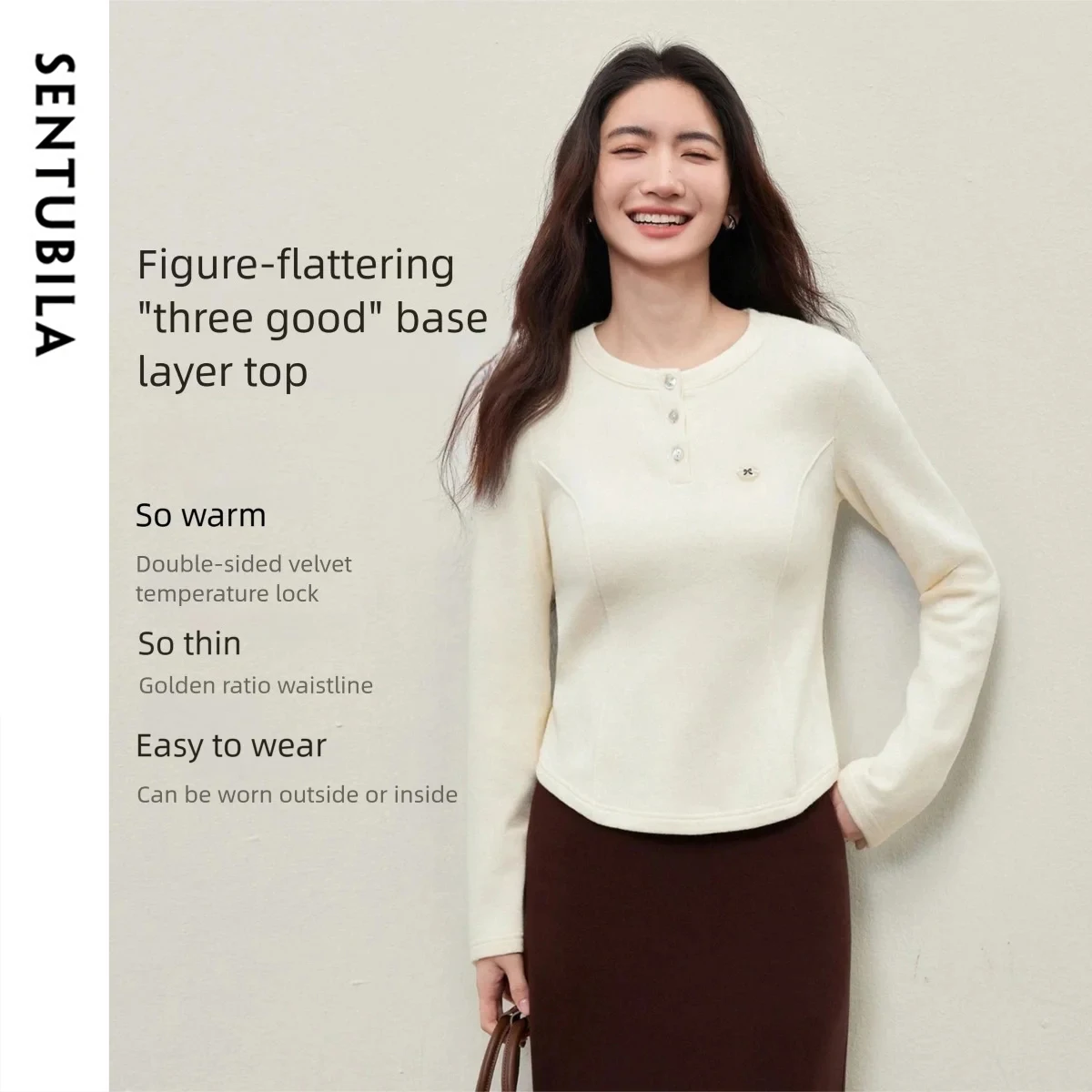 

SENTUBILA Simple Long Sleeve T-Shirt Women's 2025 Winter Casual Round Neck Soft Tops Half open Placket Woman Clothes 154SF5402