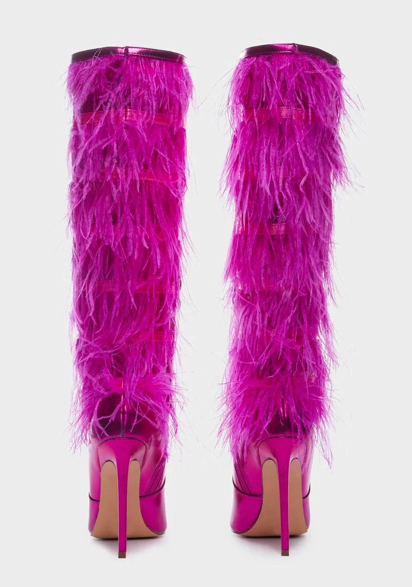 Rose Red Feather Fringe Women Boots 2023 Sexy Pointed Toe Full Fur Thigh High Boots Thin Heels Runway Over The Knee Botas 44