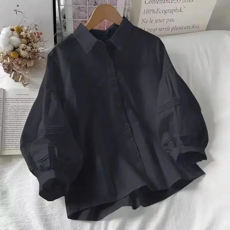 قمصان نسائية بأكمام منتفخة لعام 2024 باللون الأبيض وياقة مقلوبة Preppy إحساس بالتصميم بلوزات نسائية أنيقة على الموضة الكورية بلوزة صيفية بسيطة #2