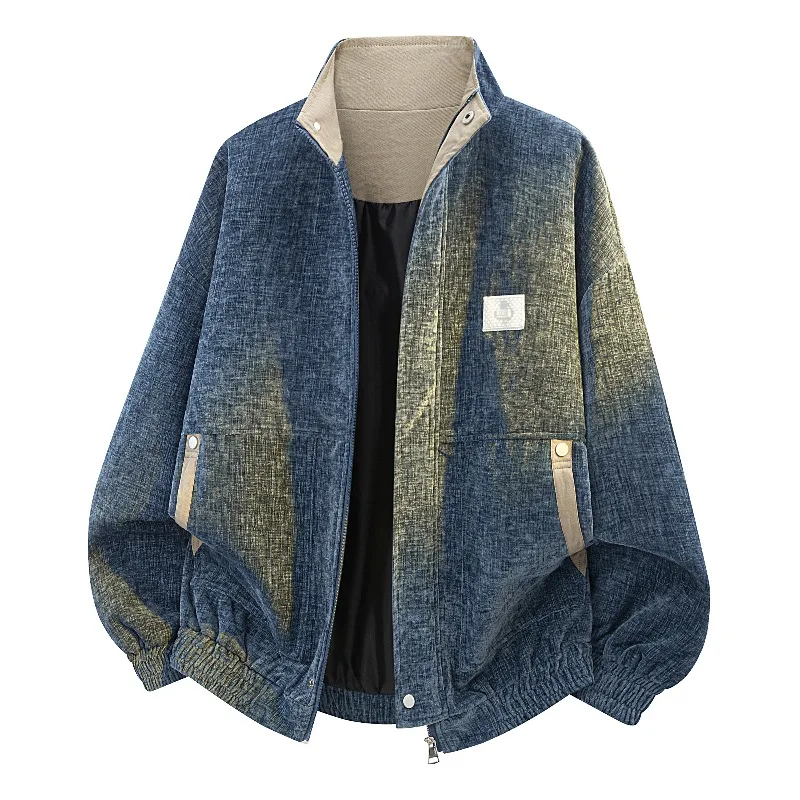 Men Gradient Washed Chenille Stand Collar Jacket Zip Up Oversized Contrast Trim Pocket Vintage Streetwear Windproof Outer Coat