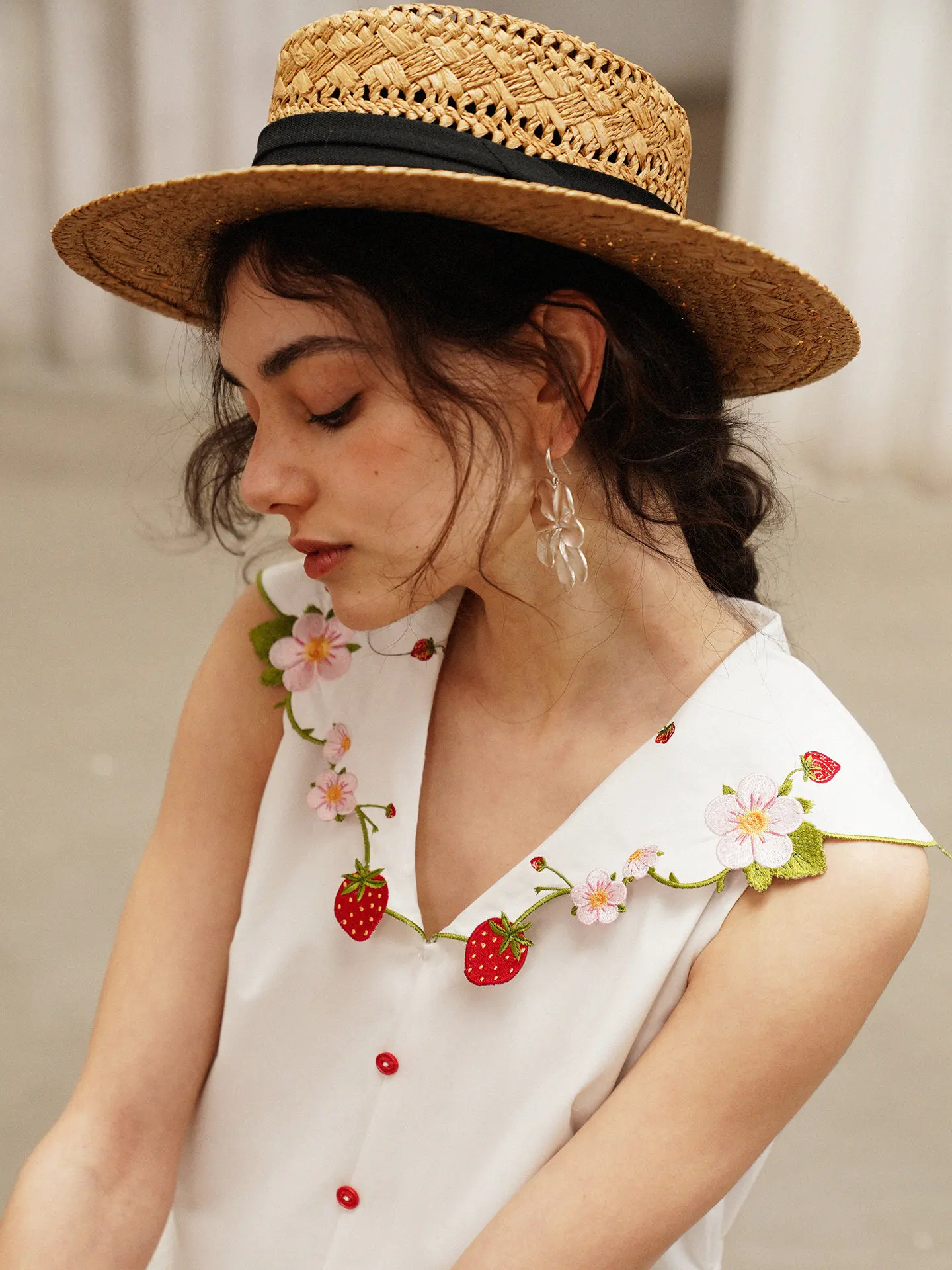 French Vintage Floral Midi Dress - Gaun Panjang Putih Musim Panas 88-96cm