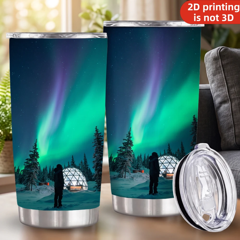 20oz Northern Lights Aurora Printed Stainless Steel Tumbler with Lid and Straw, Glass Igloo Winter Snowy Forest Landscape Vacuum Insulated Travel Coffee Mug Gifts for Travel Lovers