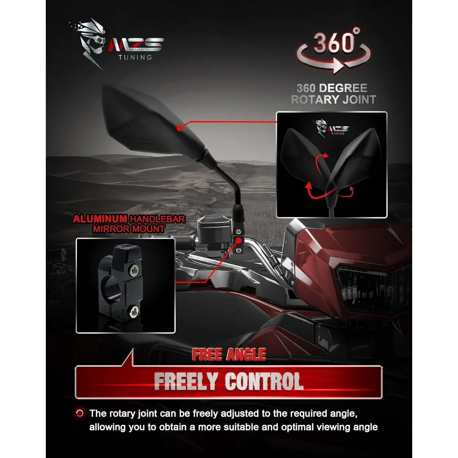 Motorcycle Mirrors 10mm 8mm, Universal ATV Rearview Mirror with CNC Handlebar Mount Rear View Side Mirror Black Compatible Motor