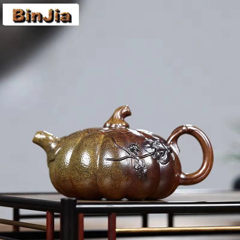 290ml Yixing Purple Clay Teapots Handmade Pumpkin Pot Raw Ore Section Mud Wood-fired Porcelain Tea Soaking Kettle Zisha Set Gift