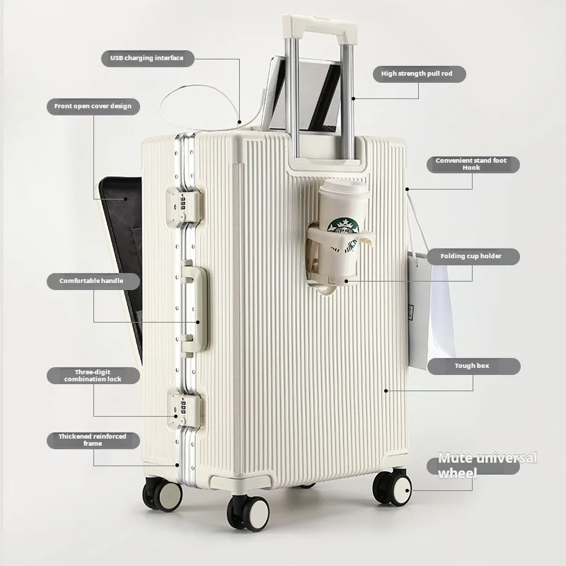 Koffer. Voorste Bagage Van Universeel Wiel. Multifunctionele Aluminium Fram E Luggage.us B Opladen Met Bekerhouder Koffer.