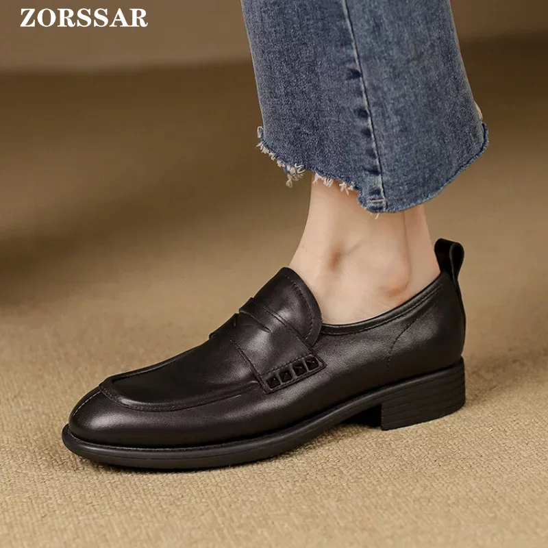 

Women Oxford Shoe Round Toe Leather Shoes Pumps Retro Slip On Low Heels Office Ladies Shoes Elegant Chunky Heels Single Shoes