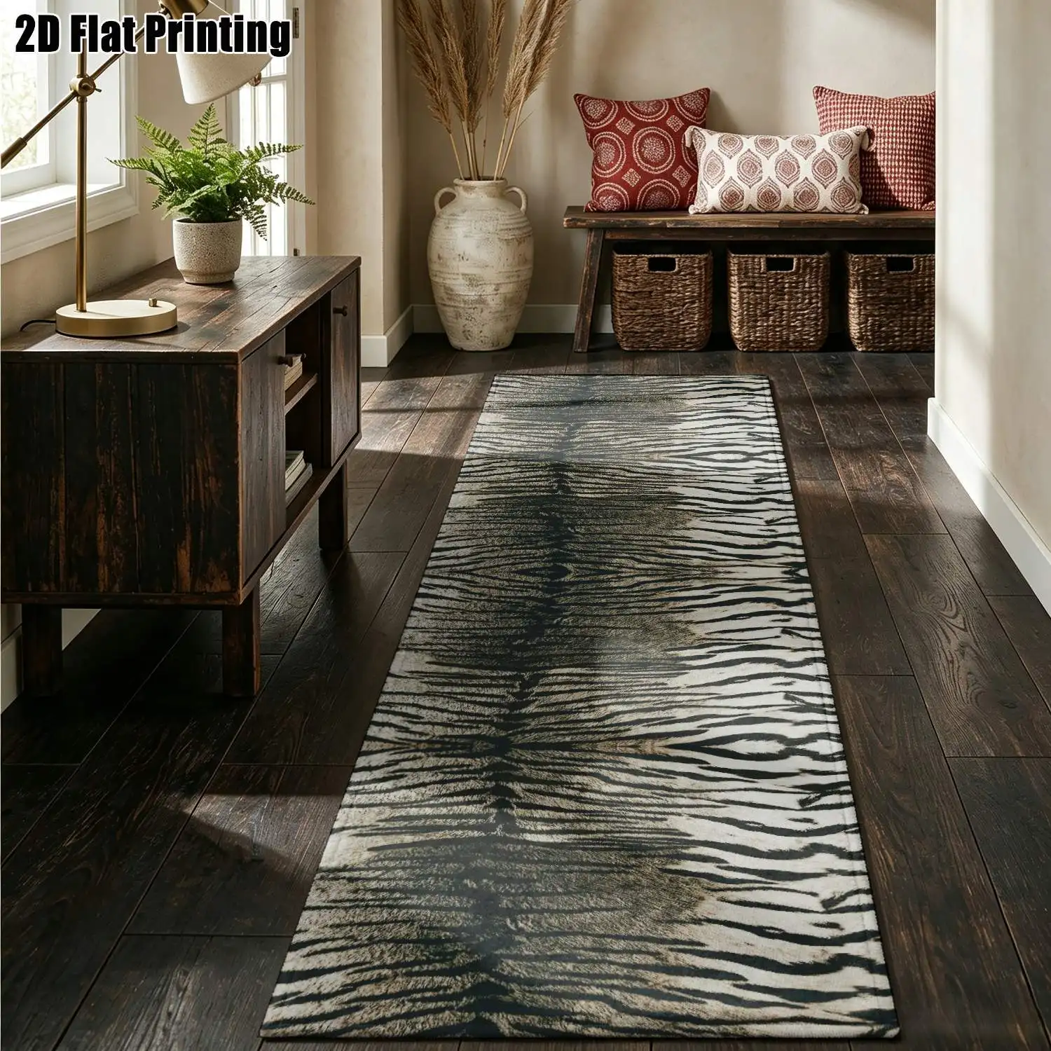1Pc 2D Printed Long Strip Runner Rug: Black Brown Abstract Stripe, Nordic Modern Minimalist Geometric Retro Style, Home Decor, Multi-Size, Machine Washable, for Entryway, Hallway, Living Room, Bedroom