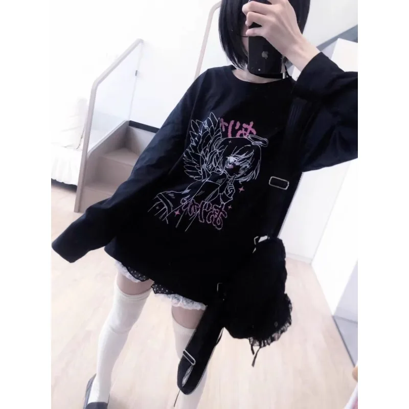 Japanese Subculture Y2k Long-sleeved Women\'s T-shirt Basic Gothic Shirts Spring Autumn 2024 Loose Black Casual Anime Hoodies