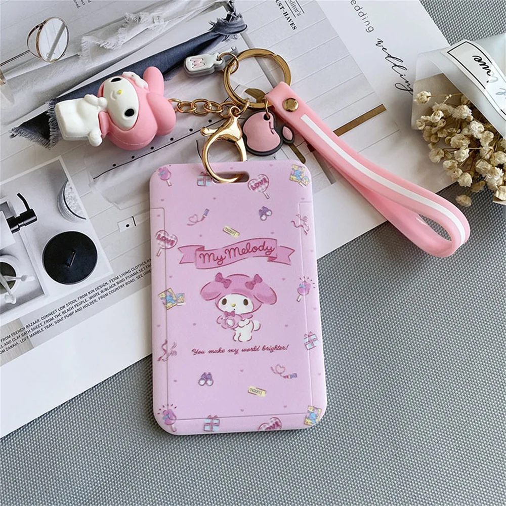 Kawaii Sanrio Hello Kitty Keychain Kuromi Card Holder Anime My Melody Plastic Lanyard Card Holders Cartoon Keyring Girls Gifts