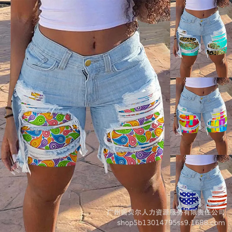 2025 American European Summer New Fashion Women's Slim Knee Length Hole Patched Denim Shorts Female Casual Trendy Denim Clothes