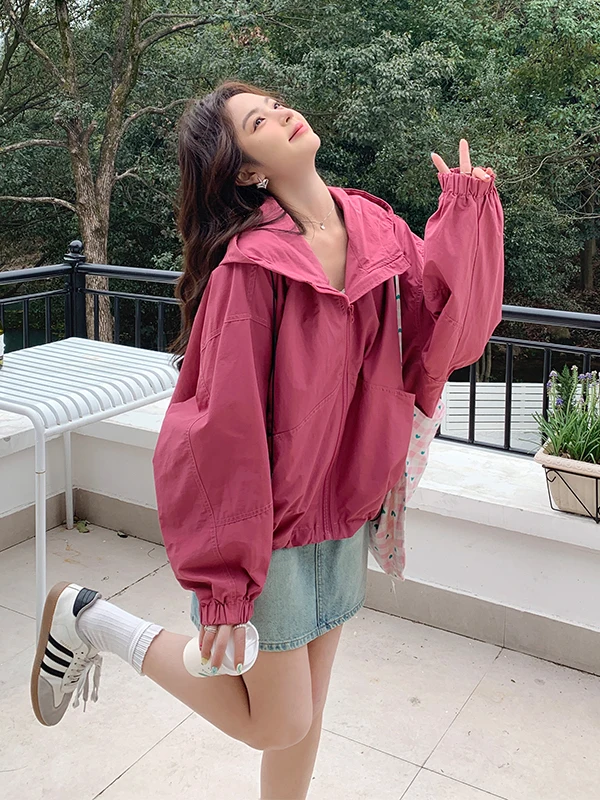 Roze Jaet-jas met capuchon voor dames, outdoor, casual, losse pasvorm, lange mouwen, ritssluiting, pure kleur, lente, herfst, nieuwe collectie