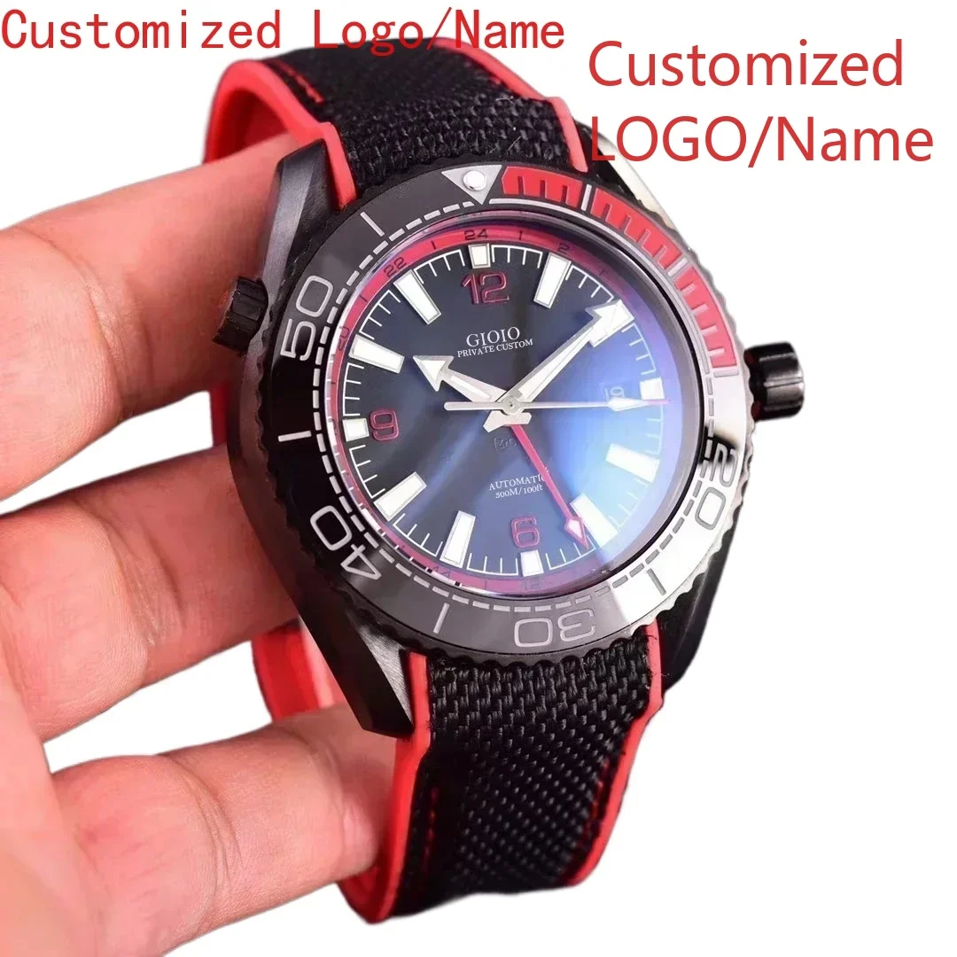 Orologio meccanico automatico da uomo sportivo GMT Rosso Blu Nero Ceramica Acciaio inossidabile Zaffiro Tela Gomma personalizzata