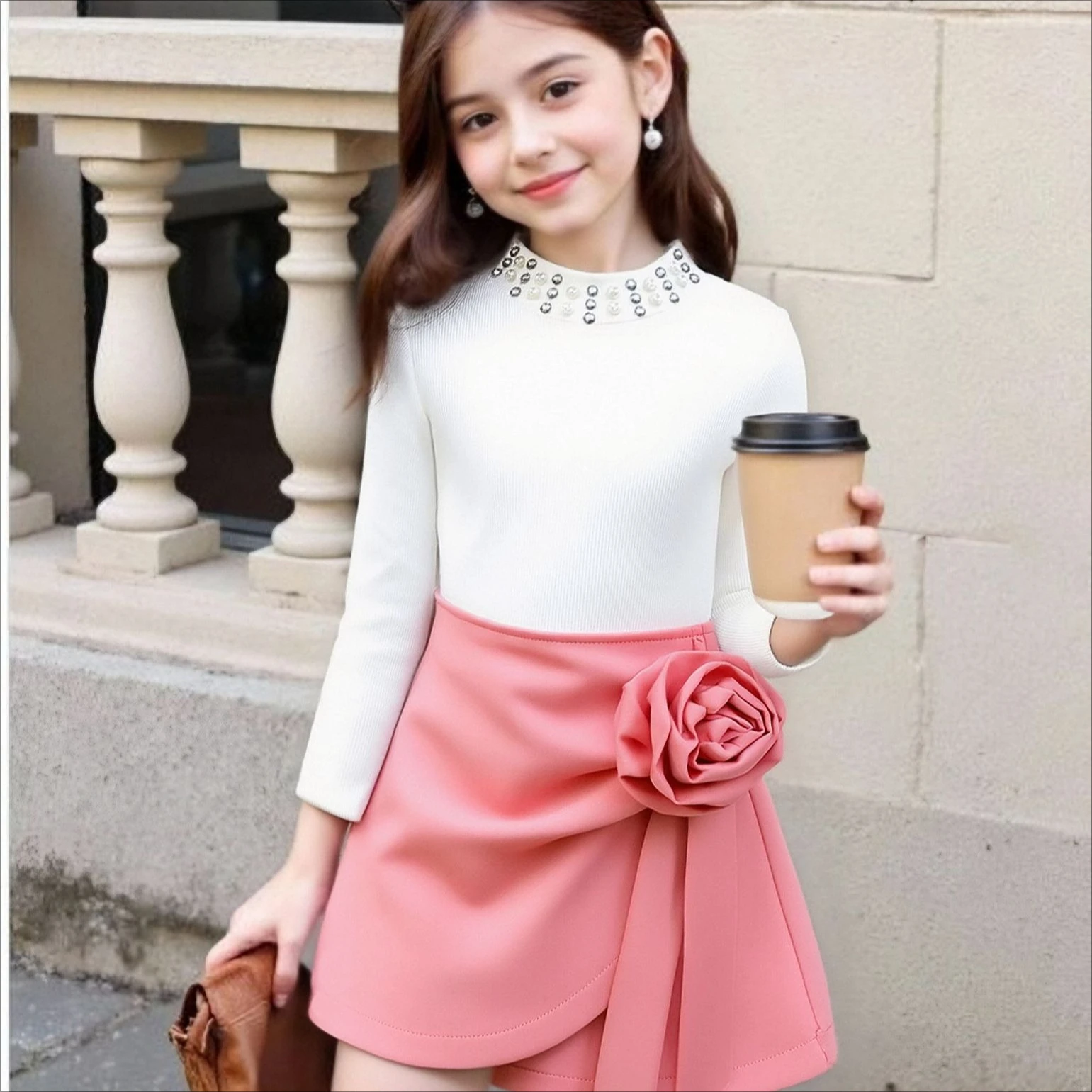 Girls Suit 2026 Spring and Autumn New Childrens Wear Baby Girls Beaded Long-sleeved Top Stereoscopic Flower Dress Two-piece Set