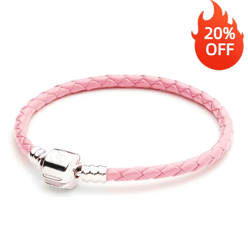 ATHENAIE Pink Single Braided Leather 925 Sterling Silver Snap Clasp Bracelet Fits Fit All European Charm Bead