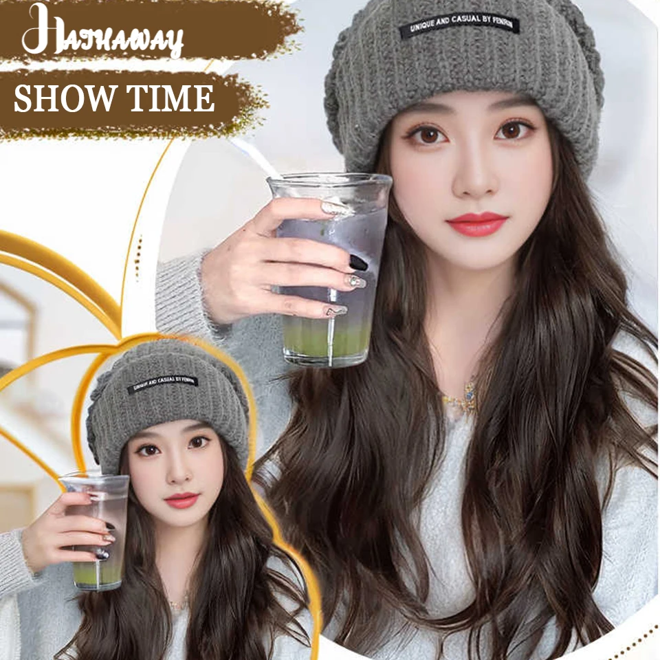 Synthetic Wig Hat Wig Female One Korean Version Of Natural Long Curly Hair Knitted Hat Wig Micro-roll Full Head Cover In Autumn