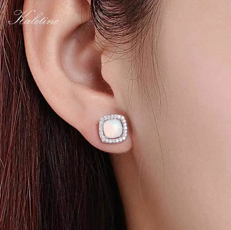 KALETINE Solid 925 Sterling Silver Earrings For Women Square Opal Jewelry Stud Earrings Fashion Jewelry Gift KLTE045