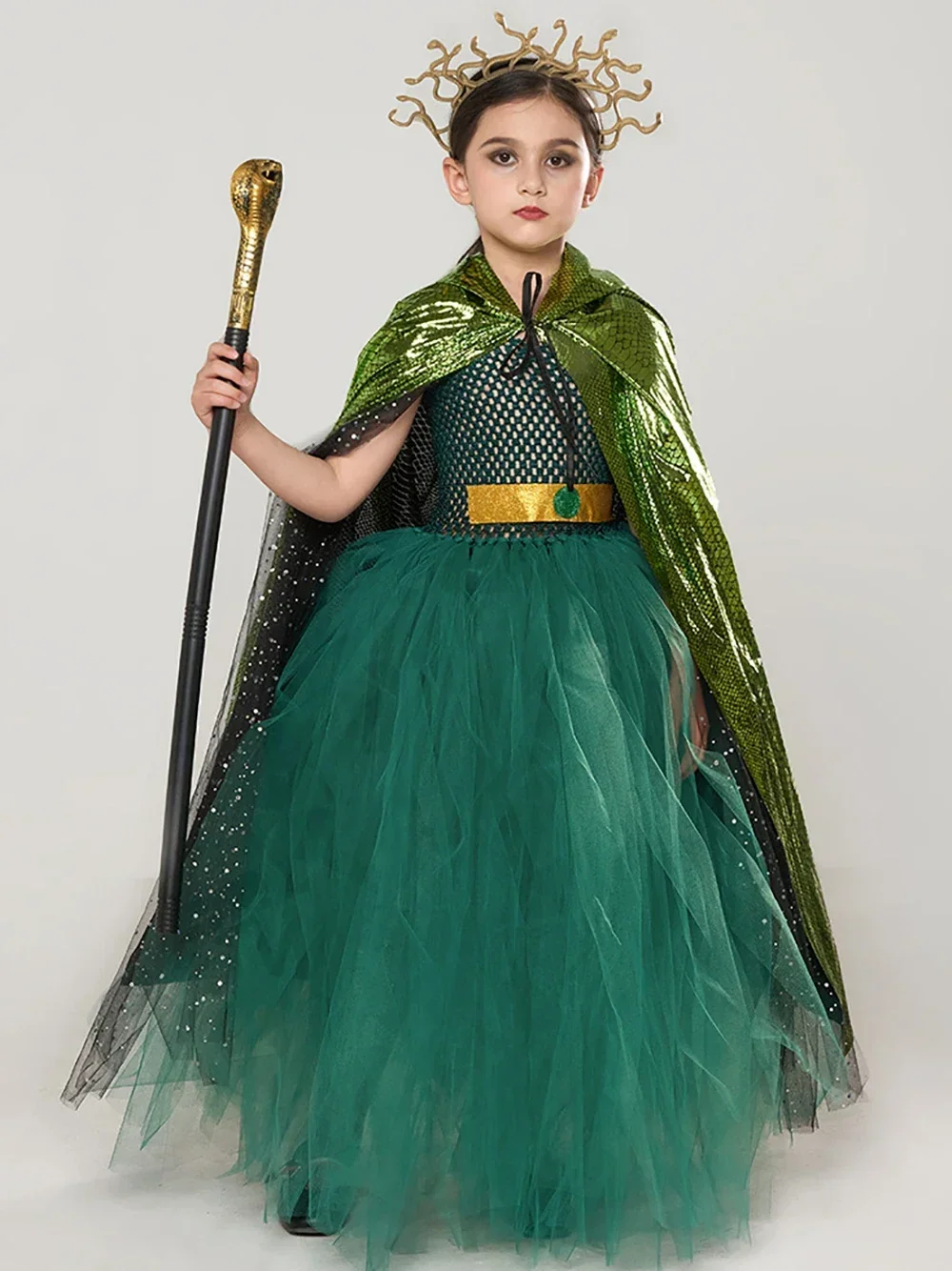 Kids Party Halloween Cosplay Costume Ancient Greek Basilisk Medusa Cospla Dark Green Mesh Long Dress Outfits