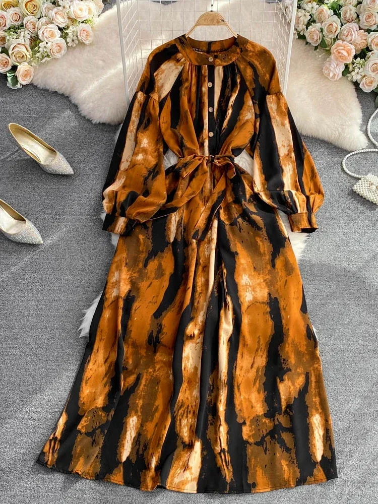 Women Spring Autumn Dress Temperament Round Neck Oil Painting Print Long Sleeve Waist Wrapped Elegant Swing Long Dress D3265