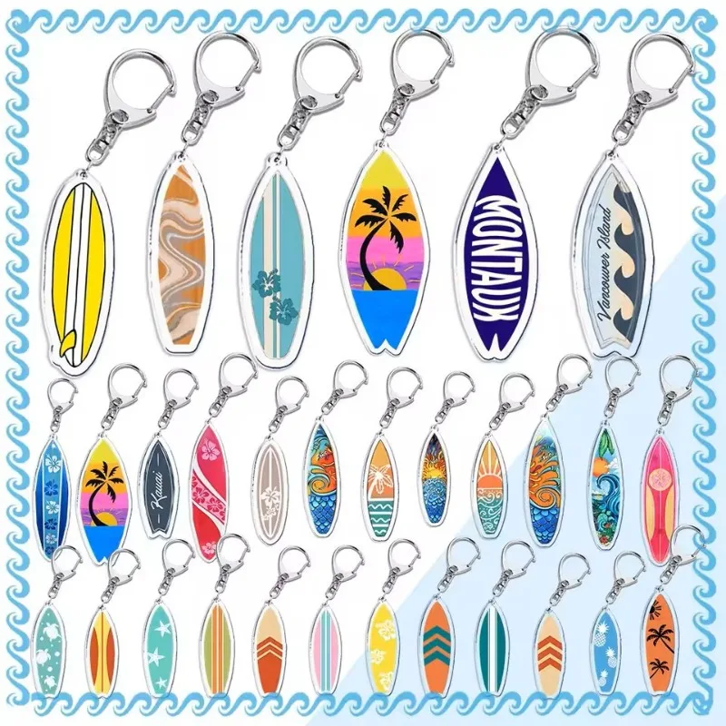 Summer Beach Surfboard Acrylic Keychain Palm Tree Wave Pattern Key Ring Car Backpack Pendant Travel Souvenir Keychain Gift