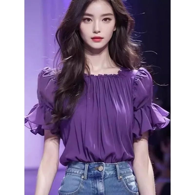 Women 2026 Summer New Purple Chiffon Short-sleeved Shirt Loose and Fashionable Top