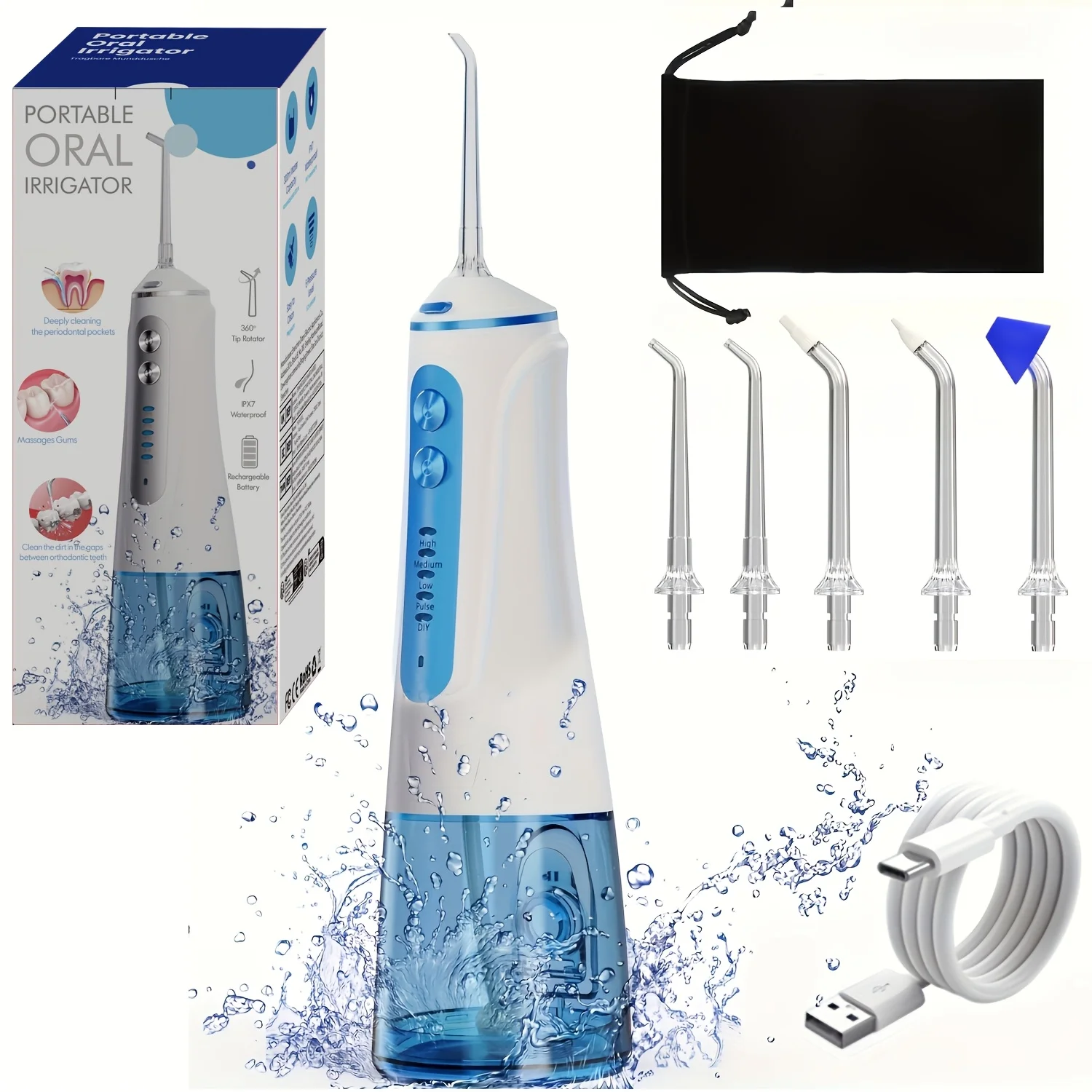 

Портативный ирригатор для полости рта с высоким давлением, 2000 мАч, USB, IPX7, резервуар 300 мл, 5 режимов, регулируемый поток, многофункциональные насадки